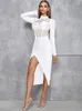 Vestidos Casuais Sexy Manga Comprida Malha Patchwork Vestido Bandagem Feminino Branco O-Neck Alto Dividido Bodycon Midi Coquetel Festa Noturna