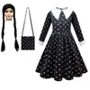 Abiti da ragazza Vestito da ragazza per ragazze Mercoledì Costume cosplay della famiglia Addams Stampa nera Abiti gotici vintage Costume di Halloween Vestito per bambini 230801