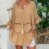 Casual Dresses Women Yellow 3/4 Sleeve Sexy Dress Brand Loose Cotton Linen White Plus Size Clothing Button Hollow Out Shirt S-5XL