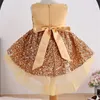 Girl Dresses Girls Long Tail Princess Dress Bow Piano Performance Vest Round Neck Trailing Sequin