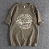 Men's T Shirts Slub Cotton Washed Fabric Short Sleeve T-shirt Retro Trend Alphabet Print Crewneck Half Jacket