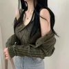 Women's Sweaters 2023 Fall Sexy Camisole Top Cropped V Neck Black Cardigan Twist Knitted Coat Korean Chic Two Piece Sets Retro Winter