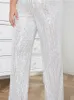 Pants Straight For Women Loose Fit White Diamonds Full Length Summer Stylish Elegant Evening Party Club Plus Size Trousers 2023