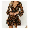 Basic Casual Dresses Women Long Sleeve Tiered Fashion V-Neck Flower Printing Dress Spring And Autumn Clothes French Elegance Y Midi Dha7F