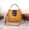 Evening Bags Retro Genuine Leather Bucket Bag Women Shoulder Handwork Vintage Ladies Natural Handbag Large Shopper 2023