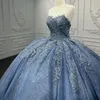 Niebieskie lśniące sukienki Quinceanera meksykańska ukochana suknia balowa koronkowa puszystyka aplikacja na ramię koronkowe luksusowe vestidos de 15 xv anos