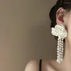 Pendientes traseros Lifefontier tela blanca flor Clip para mujer hecho a mano borla perla boda novia pendiente no perforado joyería 2023