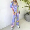 Women's Sleepwear Purple Printing Pajamas Set Women Short Sleeve Homewear Nightwear Lapel Sleep Suit Loose Lounge Shirt Pant