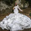 Dubai Arab Mermaid Wedding Dresses Luxury Ruffles spetspärlor Appliced ​​Bridal Gowns One-Shulder Sweep Train Chic Vestidos de Novi254z