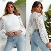 Damespolo's Wit Casual Haak Uitgehold Coltrui Stijlvolle cropped shirts Vrouwelijke truien Elegante kanten blouses met lange mouwen Tops