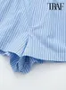 Skirts TRAF Women Fashion Side Pockets Striped Patchwork Shorts Vintage Mid Elastic Waist Split Hems Female Short Pants Mujer 230731
