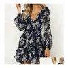 Basic Casual Dresses Women Long Sleeve Tiered Fashion V-Neck Flower Printing Dress Spring And Autumn Clothes French Elegance Y Midi Dha7F