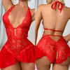 BRAS SETS SEXY CROTSLESS VIT underkläder Kvinnor Lace Hollow Bh Set Erotic Costume Teddy Baby Doll Dress Deep V Open Porn Lingerie