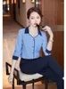 Camicette da donna Camicia con scollo a V con risvolto blu coreano Camicia casual a maniche lunghe Elegante patchwork bianco Top classico formale da ufficio Autunno