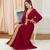 Vêtements ethniques A Lin Robe Femme Musulmane Brodée Col V Manches Longues Eid Mubarak Kaftan Dubaï Abaya Turquie Maroc Arabe Islamique