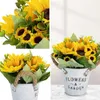 Fleurs décoratives Bouquet de tournesol artificiel avec Vase en plastique faux métal en pot bonsaï plante pour noël décor de bureau à domicile
