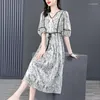 Casual Kleider 2023 Print V-ausschnitt Vintage Sexy Kleid Frauen Mode Elegante Sommer Koreanische Büro Dame