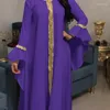 Vêtements ethniques moyen-orient femmes Abaya grande taille feuille de Lotus manches brodé or dentelle Robe musulmane Robe Jalabiya