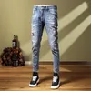 Heren Jeans High Street Fashion Heren Retro Blauw Elastisch Geschilderd Designer Skinny Ripped Patchwork Hip Hop Stretch Broek Hombre