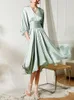 Casual Dresses Elegant Early Spring Texture V-neck Bat Sleeve Lace Up Lantern Waist Closure Medium Length Dress