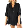 Blusas Femininas Camisa Feminina Simples Versátil Primavera/Outono Lapela Decote em V Botões Elegantes Meia Carcela Bolsos Remendados Para A