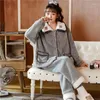 Women's Sleepwear Sexy Female Coral Fleece Pajamas Sets Casual 2PCS Nightwear Shirt&Pant Pijamas Winter Flannel Home Clothes With Pocket