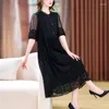 Casual Jurken 2023Vrouwen Zwart Borduurwerk Uitgehold Zijde Luxe Chique Midi Jurk Koreaanse Vintage Elegante Mode Losse Taille Party