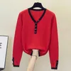 Camisolas Femininas Vermelho Preto Doce Decote em V Coreano Harajuku Primavera Outono Inverno Malha Pulôver Vintage Moda 2023 Feminino