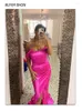 Casual Dresses Women Sexy Off Shoulder Open Back Evening Prom Gown Strapless Padded Ruched Split Stretch Satin Fuchsia Party Dress Summer