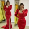 Elegant Red Mermaid Evening Dresses Long Sleeves Party Prom Dress Pleats Split Long Dress for special occasion