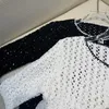 Vestes pour femmes plein ciel étoile paillettes évidé crochet fleur tricoté veste dames simple boutonnage contrastant bord blanc Cardigan