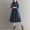 Casual Dresses 2023 Autumn Soft Women Corduroy Dress Style Long Sleeve Navy Blue Floral Print