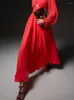 Casual Dresses SweetSince Celebrity Red Long Dress Women Pleated Round Neck Lantern Sleeve Sexig ihålig hög midja stor gunga