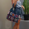 Borse da sera Colorate Boho Chic Granny Square Borse intrecciate all'uncinetto per le donne Borsa da mercato blu beige Borsa da spiaggia estiva hippie stile vintage