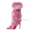 Boots Pink Fur Pointy Knee High Boots Women Trends Luxury Fluff Metal Chain Winding High Heels Boots Winter Female Fashion Snow Boots 230801