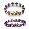 Strand Feng Shui Obsidian Stone Beads Armband för män Kvinnor Naturliga Amethysts Moonstone Pärled Gold Color Wealth Lucky BRAC Q6E3