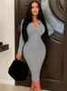 Casual Dresses Kexu Vintage Women Knit Ribbed Stretchy Long Sleeve Single Breasted tröja Bodycon Midi Dress Chic Fashion Party