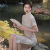 エスニック服2023夏の中国スタイルのイブニングドレスベージュスリムモダンなチョンサムハンフローブオリエントヴィンテージQIPAOポグラフ