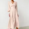 Casual Dresses Vintage Deep V Puff Sleeve Long For Women High Waist Slim Dress Elegant Solid Boho Satin Vestidos Summer 2023