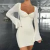 Casual Dresses Flare Long Sleeve Bodycon Dress Women Elegant Short Party Sexy V-Neck Twist Wrap Mini White Green Orange