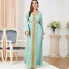 Vêtements ethniques A Lin Robe Femme Musulmane Brodée Col V Manches Longues Eid Mubarak Kaftan Dubaï Abaya Turquie Maroc Arabe Islamique