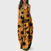 Casual Dresses Sexig Sunflower Print Women Elegant ärmlös lång pullover -klänning Summer Spaghetti Rem Outfits