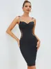 Casual Jurken Zwart Sexy Kettingen Bandjes Vrouwen Midi Bandage Elegante Zomer Mesh Patchwork See Through Bodycon Avond Club Feestjurk