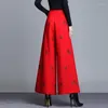 Damenhosen, koreanische Winter-Herbst-Frauen, weites Bein, hohe Taille, Stickerei, rote Wolle, Herbstfrau, schwarze Blumen-Wollhose