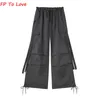 Women's Pants s Y2K Pocket Cargo Woman Loose Trousers Wide Leg Pink Sashes Belt Campus PB ZA Female Yellow Red Grey Black 230731