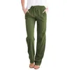 Kvinnor Pants Summer Lounge Solid Cotton Linen Drawstring Trousers med fickor damer Casual Loose Comfy Soft Streetwear