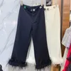 Women's Pants Fashion Designer Ostrich Feather Decorative Square Buckle Straight Wide Leg 2023 Streetwear