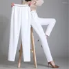 Women's Pants Drape Black White Pockets Casual Trousers Spring Summer Fashion Silver Ribbon Splicing Elastic High Waist Womens Harem