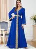 Vêtements ethniques A Lin Robe Femme Musulmane Brodée Col V Manches Longues Eid Mubarak Kaftan Dubaï Abaya Turquie Maroc Arabe Islamique