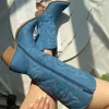 Botlar vintage denim mavi kovboy botlar kadın işlemeli sivri uçlu kare topuklu orta buzağı batı botları ayakkabı 230801